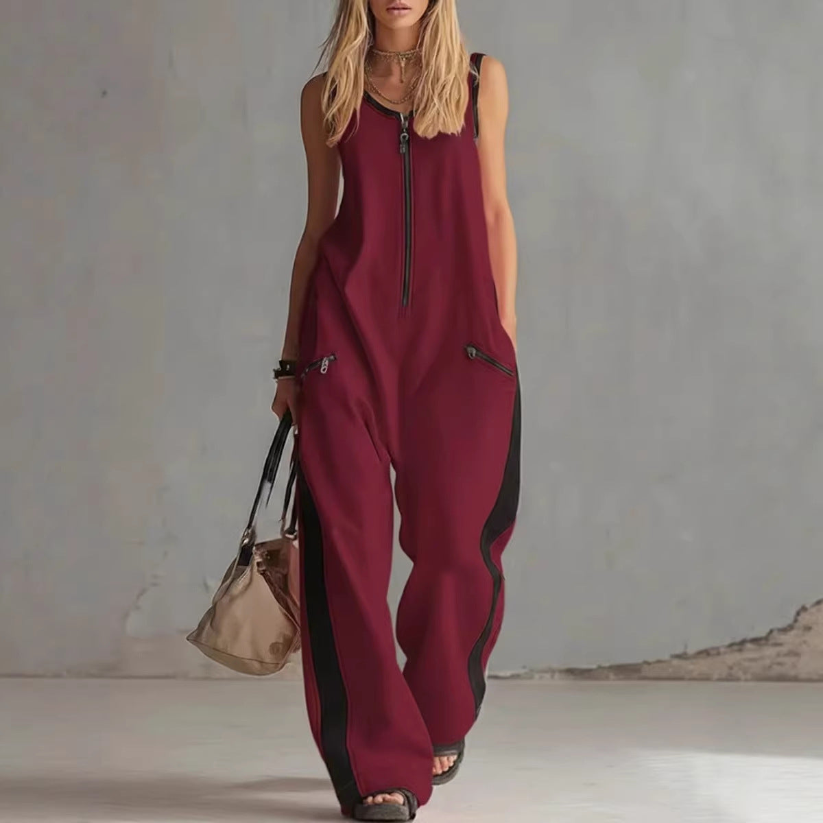 Zip-up Crewneck Sleeveless Casual Cotton Wide-leg Jumpsuit