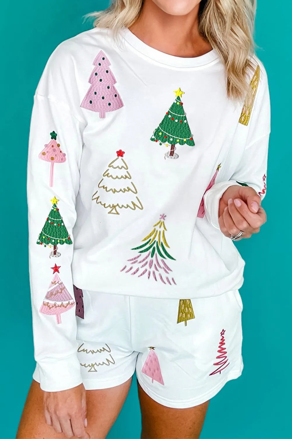 White Stripe Multi Christmas Tree Long Sleeve Top And Shorts 2pcs Lounge Set
