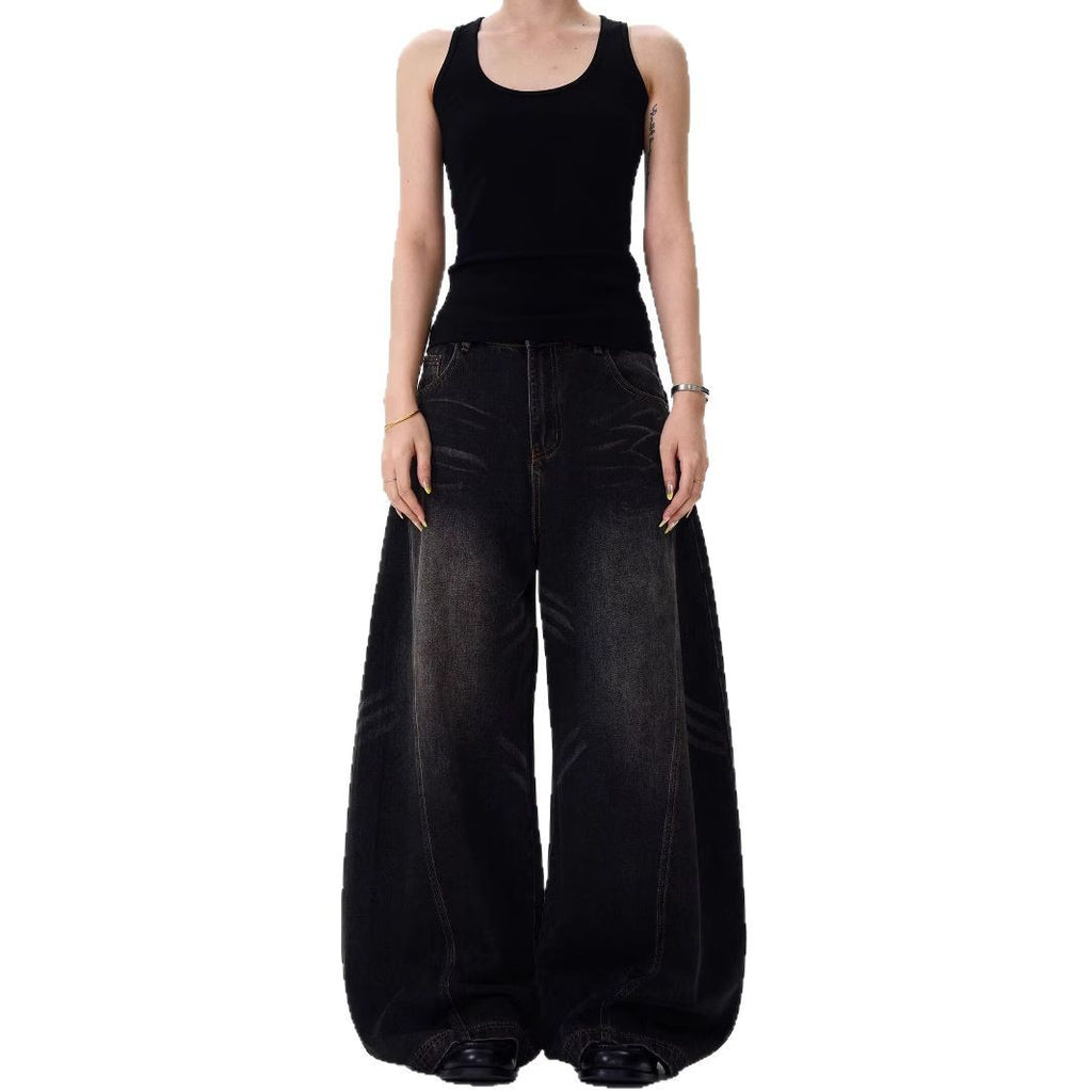 Retro Cat Beard Machete Jeans Women Loose Straight-leg Wide-leg
