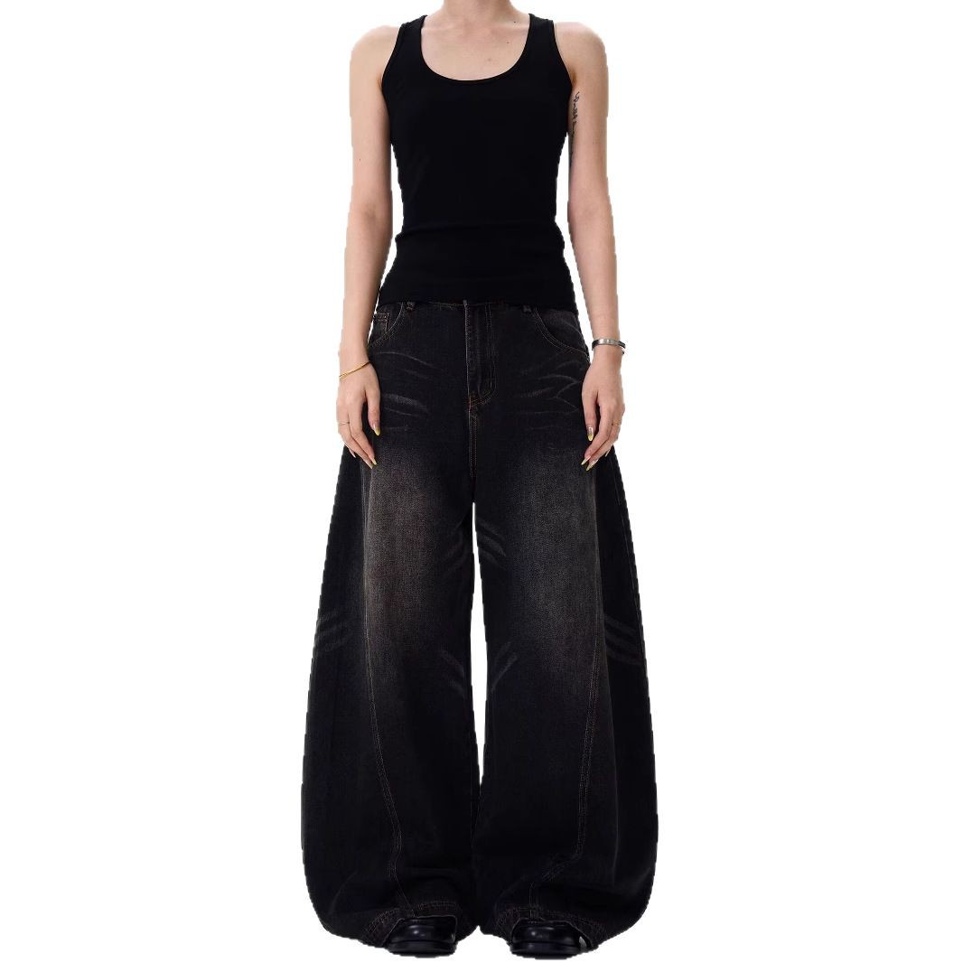 Retro Cat Beard Machete Jeans Women Loose Straight-leg Wide-leg