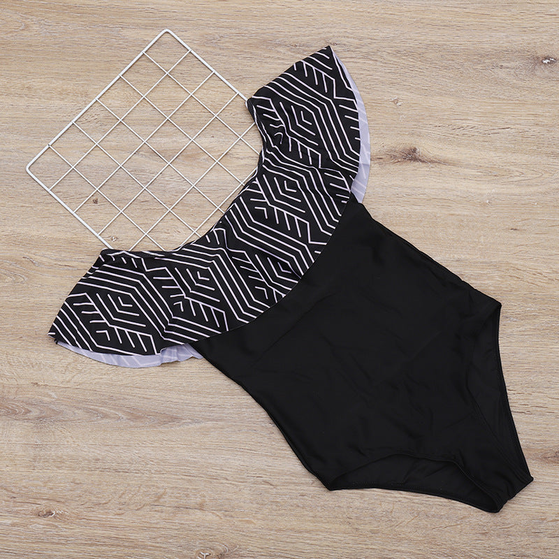 One-piece Swimsuit With Ruffled One-shoulder Print