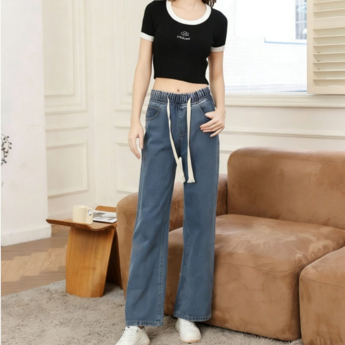 High-waisted Wide-leg Straight Jeans For Women