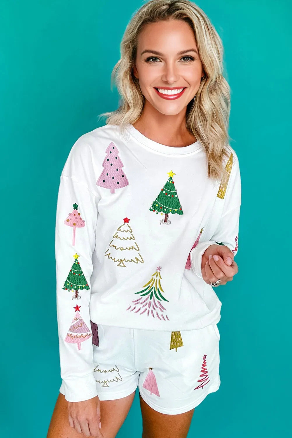 White Stripe Multi Christmas Tree Long Sleeve Top And Shorts 2pcs Lounge Set