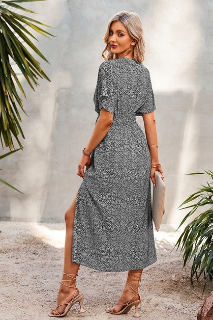 V Neck Speckled Side Split Fit Maxi Dress
