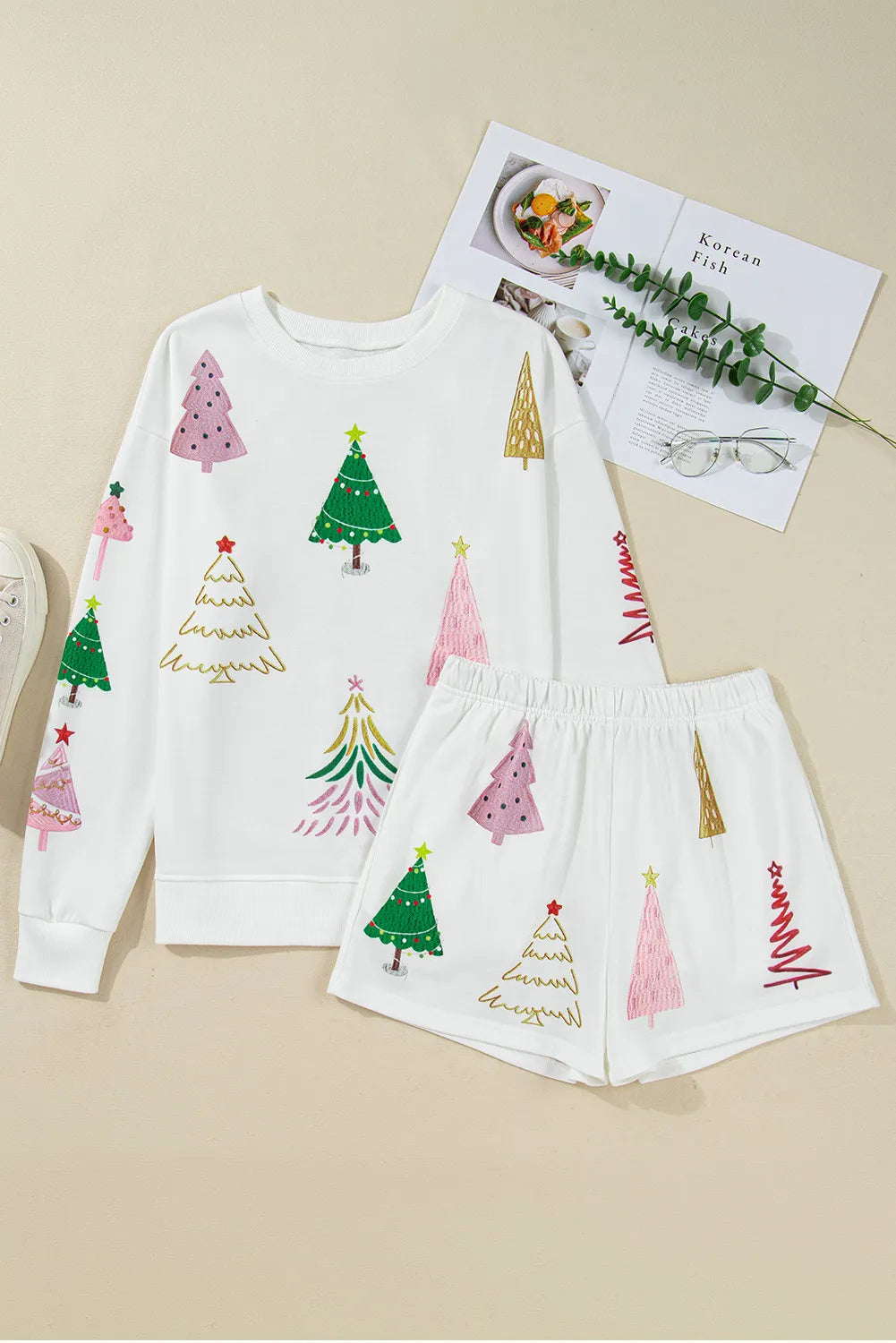 White Stripe Multi Christmas Tree Long Sleeve Top And Shorts 2pcs Lounge Set