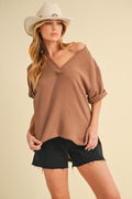 Aemi + Co Side Slit V-Neck Short Sleeve Blouse