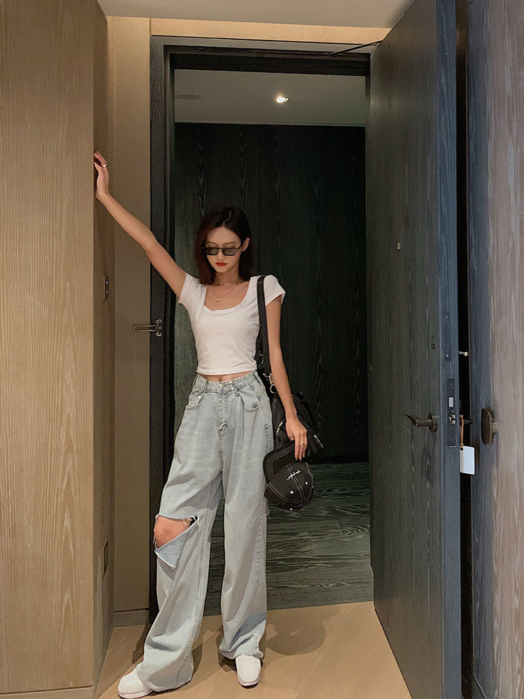 Women's ripped wide-leg jeans