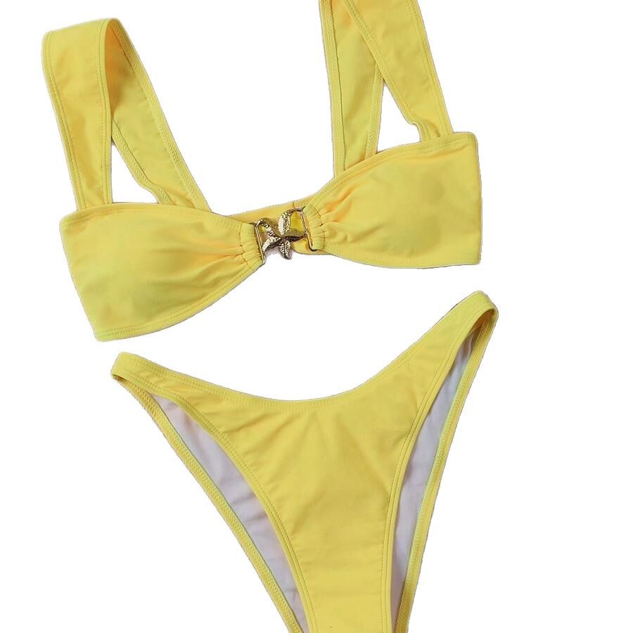 Cross-border Swimsuit Metal Decoration Pure Color Bikini Wide Shoulder Strap Sexy Swimsuit