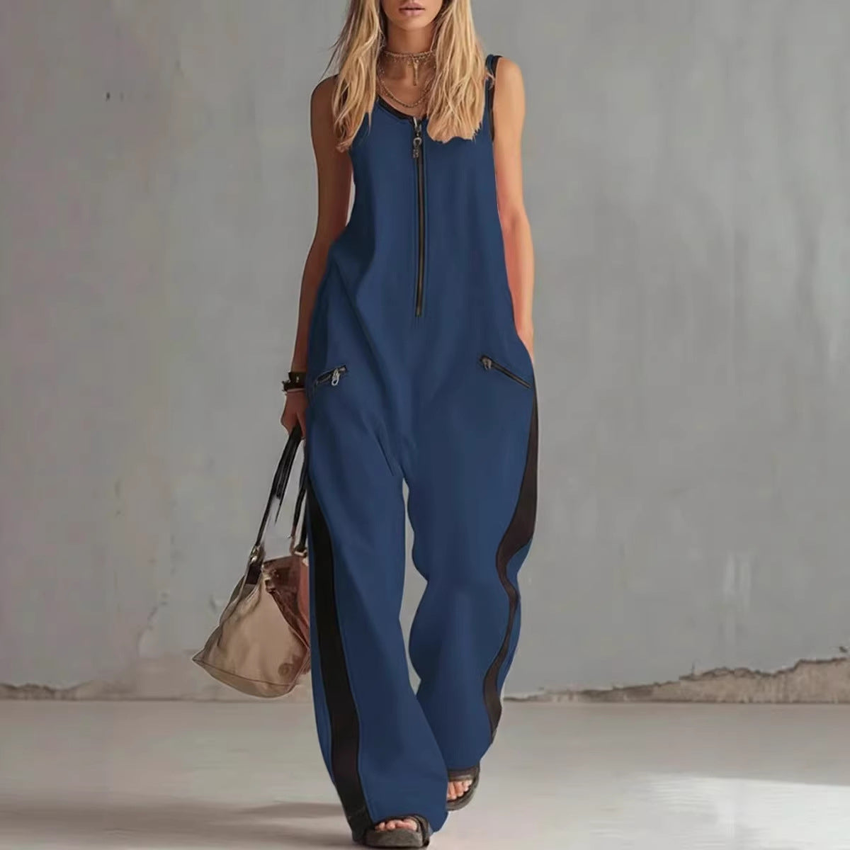 Zip-up Crewneck Sleeveless Casual Cotton Wide-leg Jumpsuit
