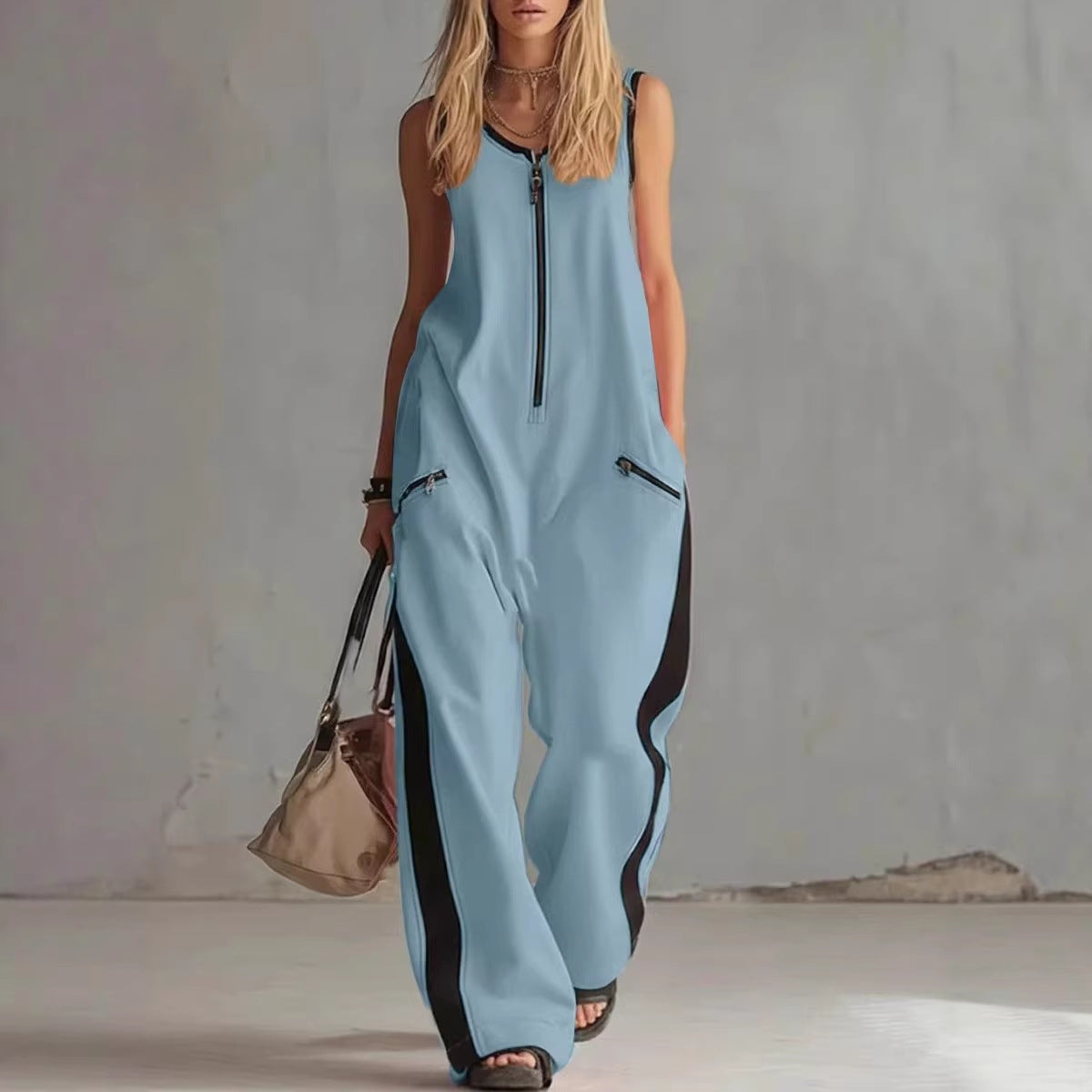 Zip-up Crewneck Sleeveless Casual Cotton Wide-leg Jumpsuit