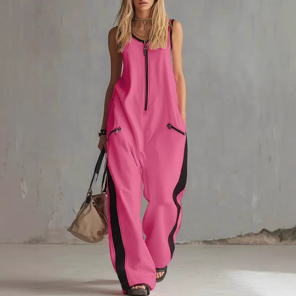 Zip-up Crewneck Sleeveless Casual Cotton Wide-leg Jumpsuit