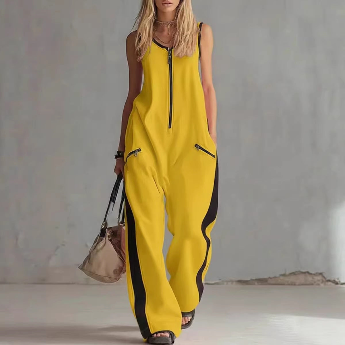 Zip-up Crewneck Sleeveless Casual Cotton Wide-leg Jumpsuit