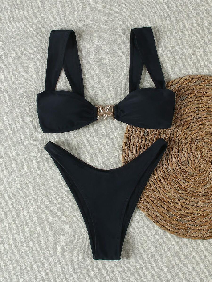 Cross-border Swimsuit Metal Decoration Pure Color Bikini Wide Shoulder Strap Sexy Swimsuit