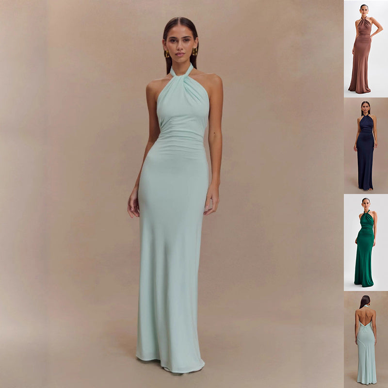 Ins Bodycon Halter Dress Sexy Backless Slim Fit Waist Slimming Maxi Dresses Prom Party Club Clothing For Women