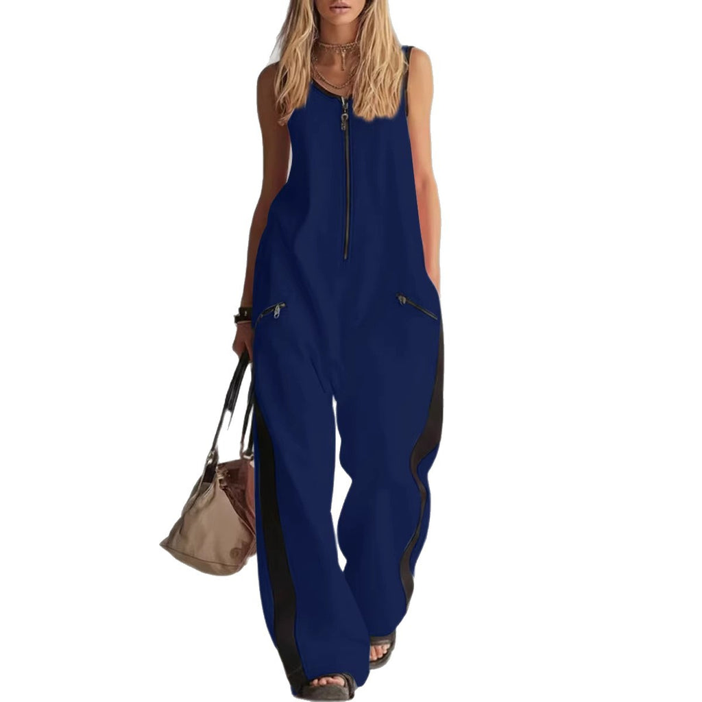 Zip-up Crewneck Sleeveless Casual Cotton Wide-leg Jumpsuit