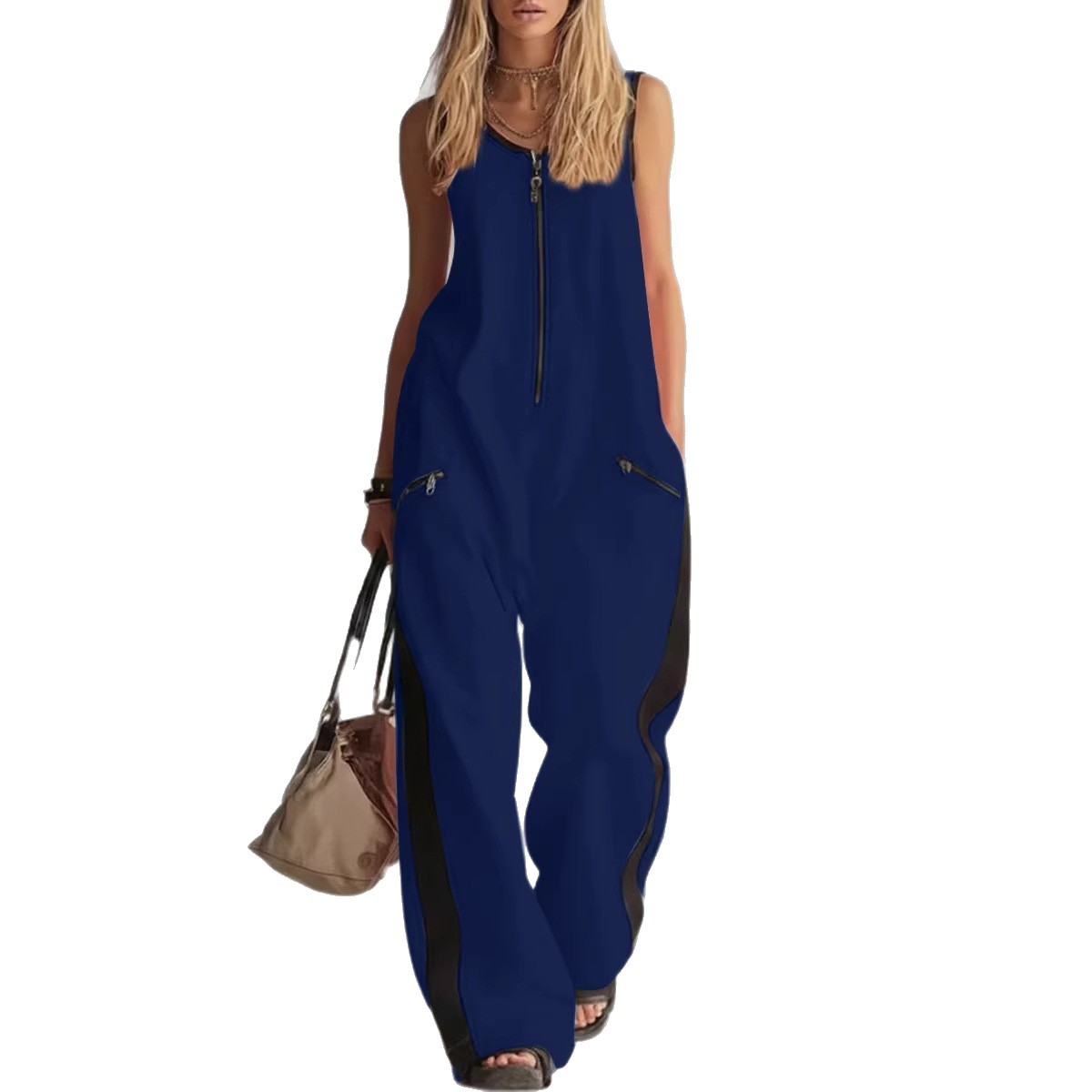 Zip-up Crewneck Sleeveless Casual Cotton Wide-leg Jumpsuit