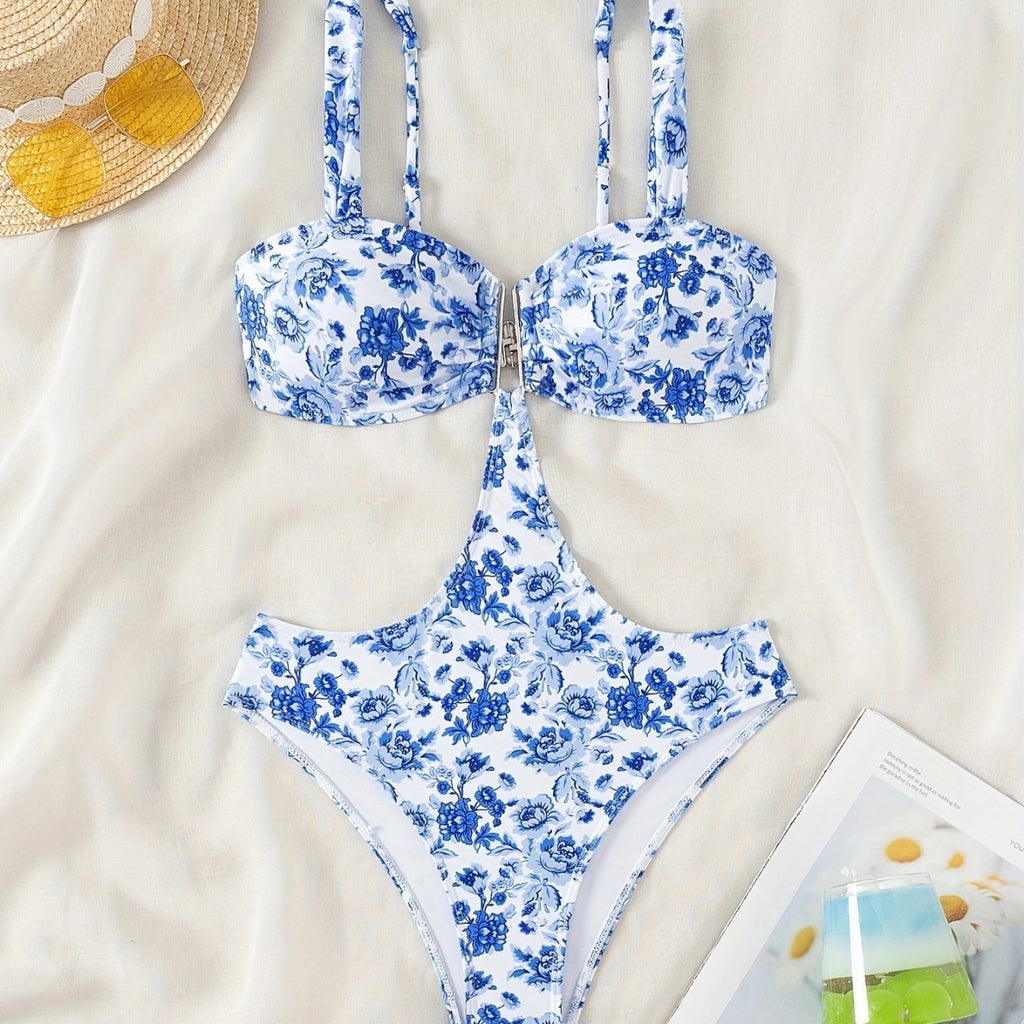 Girls Blue And White Porcelain One-piece Swimsuit