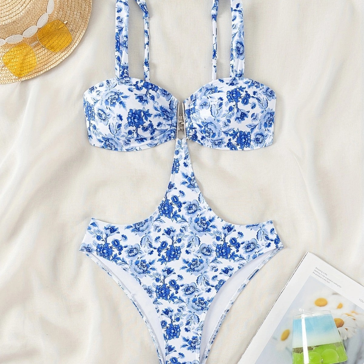 Girls Blue And White Porcelain One-piece Swimsuit