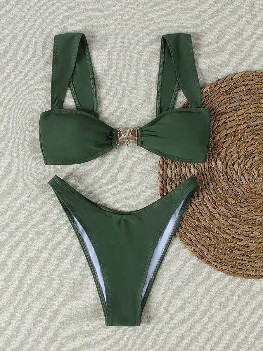 Cross-border Swimsuit Metal Decoration Pure Color Bikini Wide Shoulder Strap Sexy Swimsuit