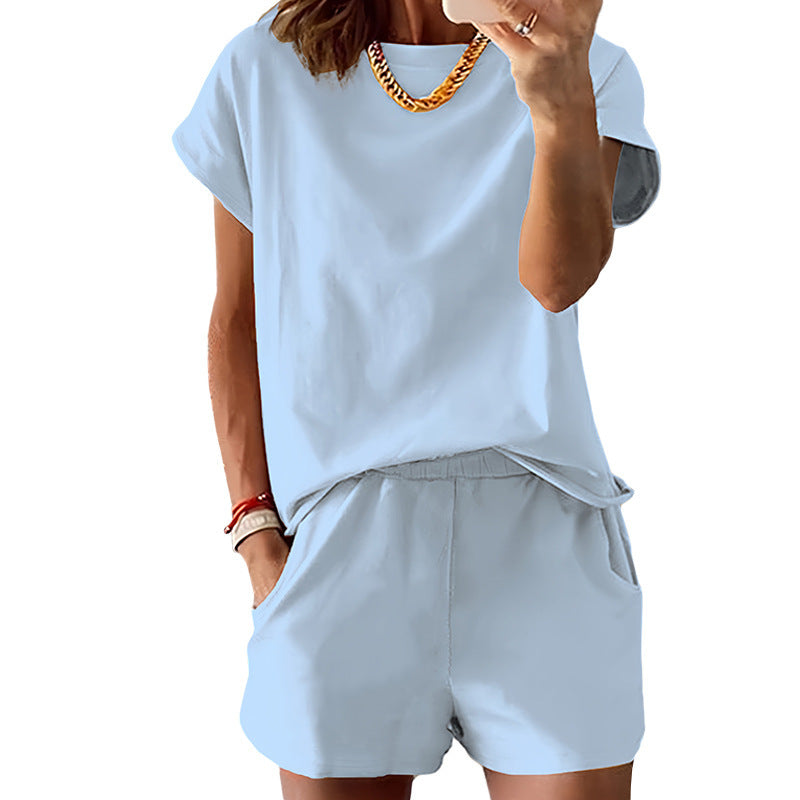 Women's Short-sleeved Shorts Set Summer Round Neck Set