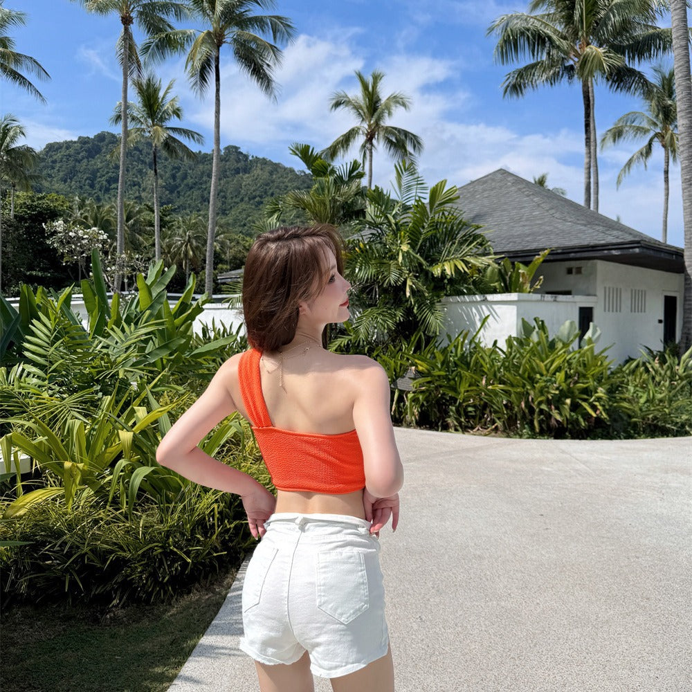 Womens Solid-Color Two-Piece Swimsuit With High-Waisted Bottoms
