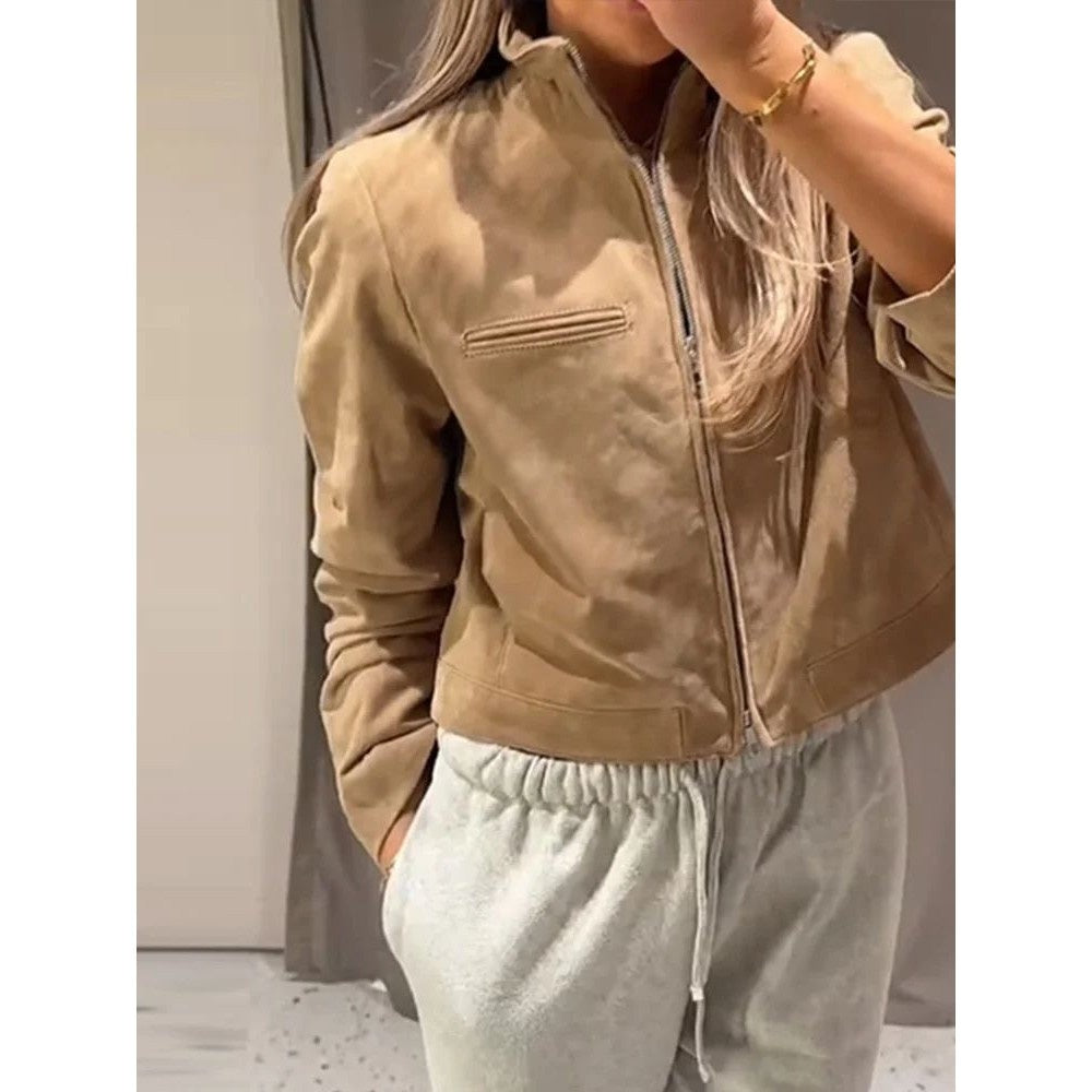 Spring Short Suede Jackets Women Brown Stand Collar Zip
