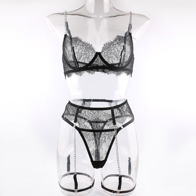 Sexy Lace Bra Fashion Metal Chain Garter Underwear Sets